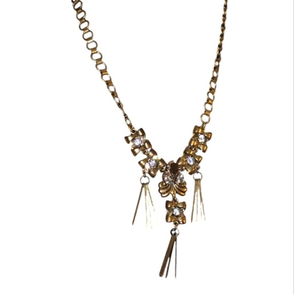 J. Crew Vintage Style‎ Brass Tone Rhinestone Bow Tassel Statement Necklace Gold